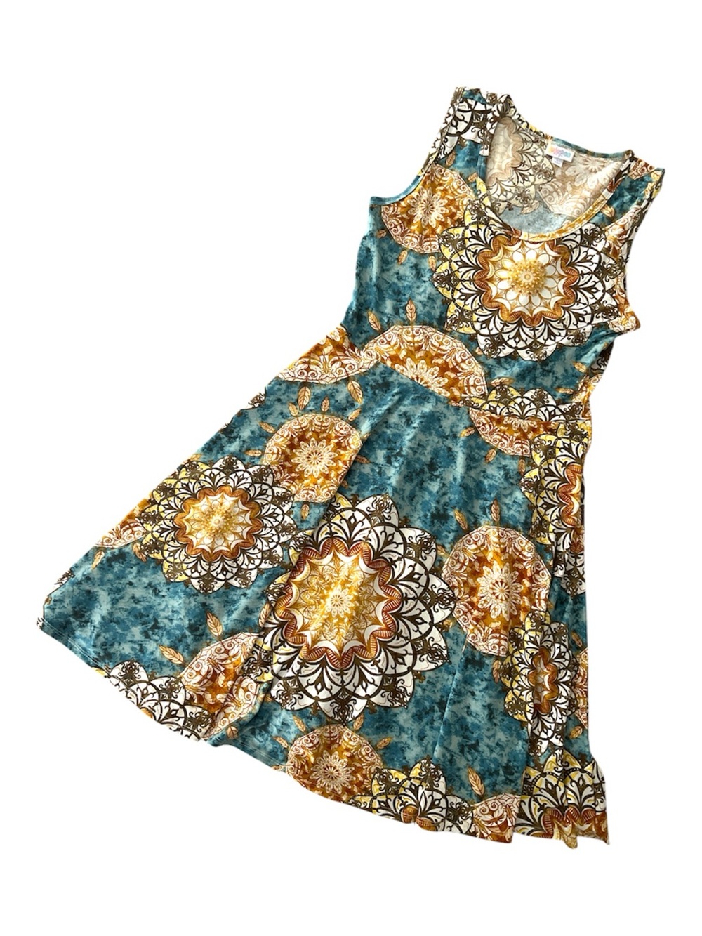 NWOT • Nicki • A-Line • Sleeveless • Fit and Flare Dress • Blue and Gold Mandala - Picture 3 of 10